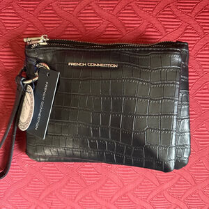French Connection Black Croco Double Slim Pouches Wristlet with Silver Hardware